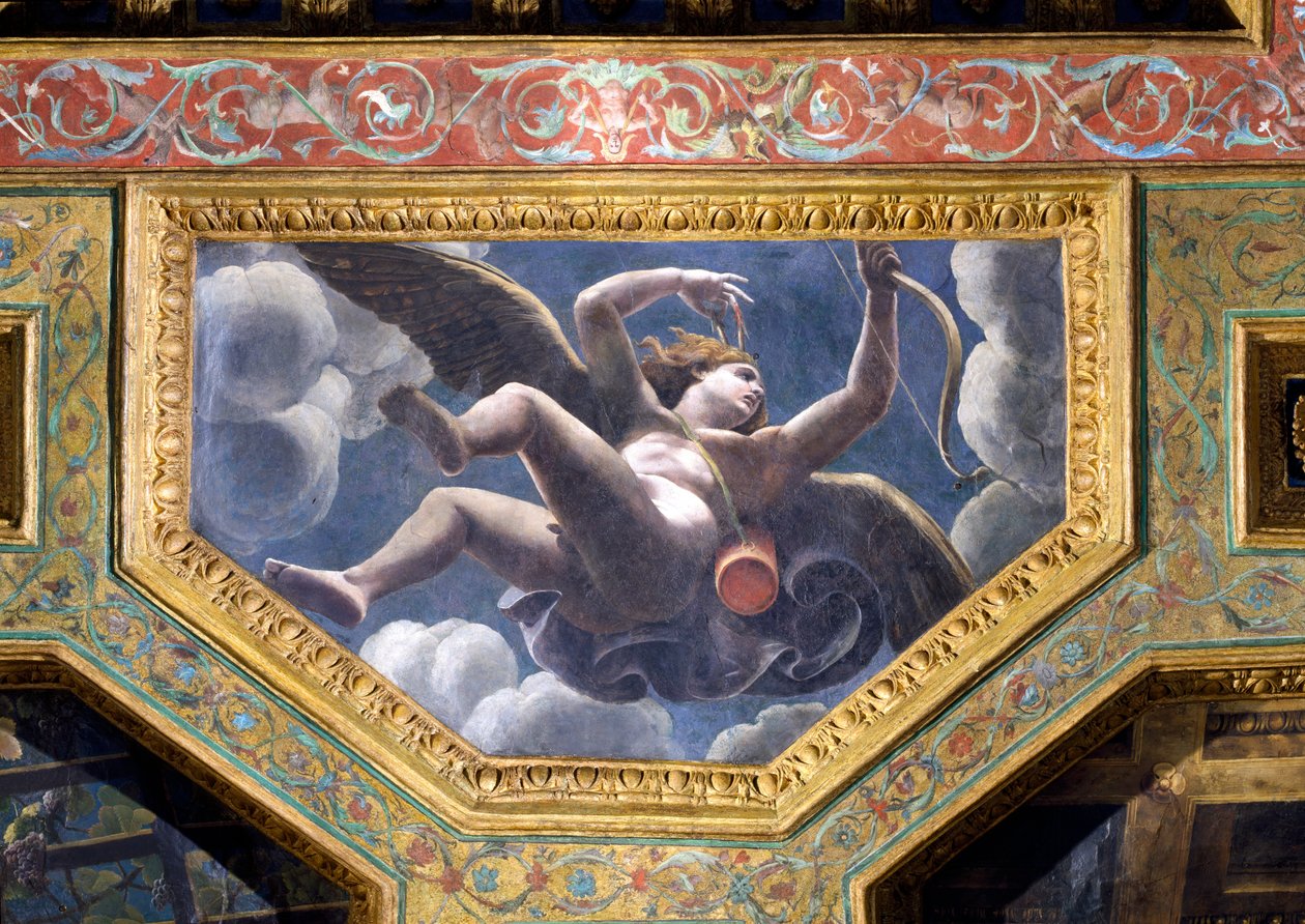 丘比特，天花板沉箱，来自Hall of Love and Psyche，1528年（灰泥上的油） 作者 朱利奥·罗马诺