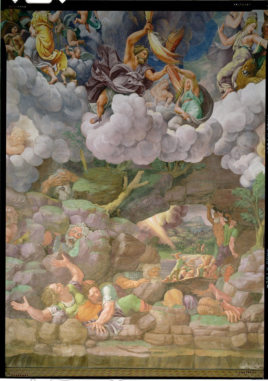 奥林巴斯和宙斯摧毁了叛逆的巨人，细节来自Sala dei Giganti的一面墙，1530-32 作者 朱利奥·罗马诺