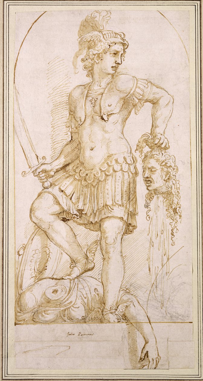 Perseus，c.1540（钢笔和棕色铅笔，黑色粉笔在白纸上） 作者 朱利奥·罗马诺