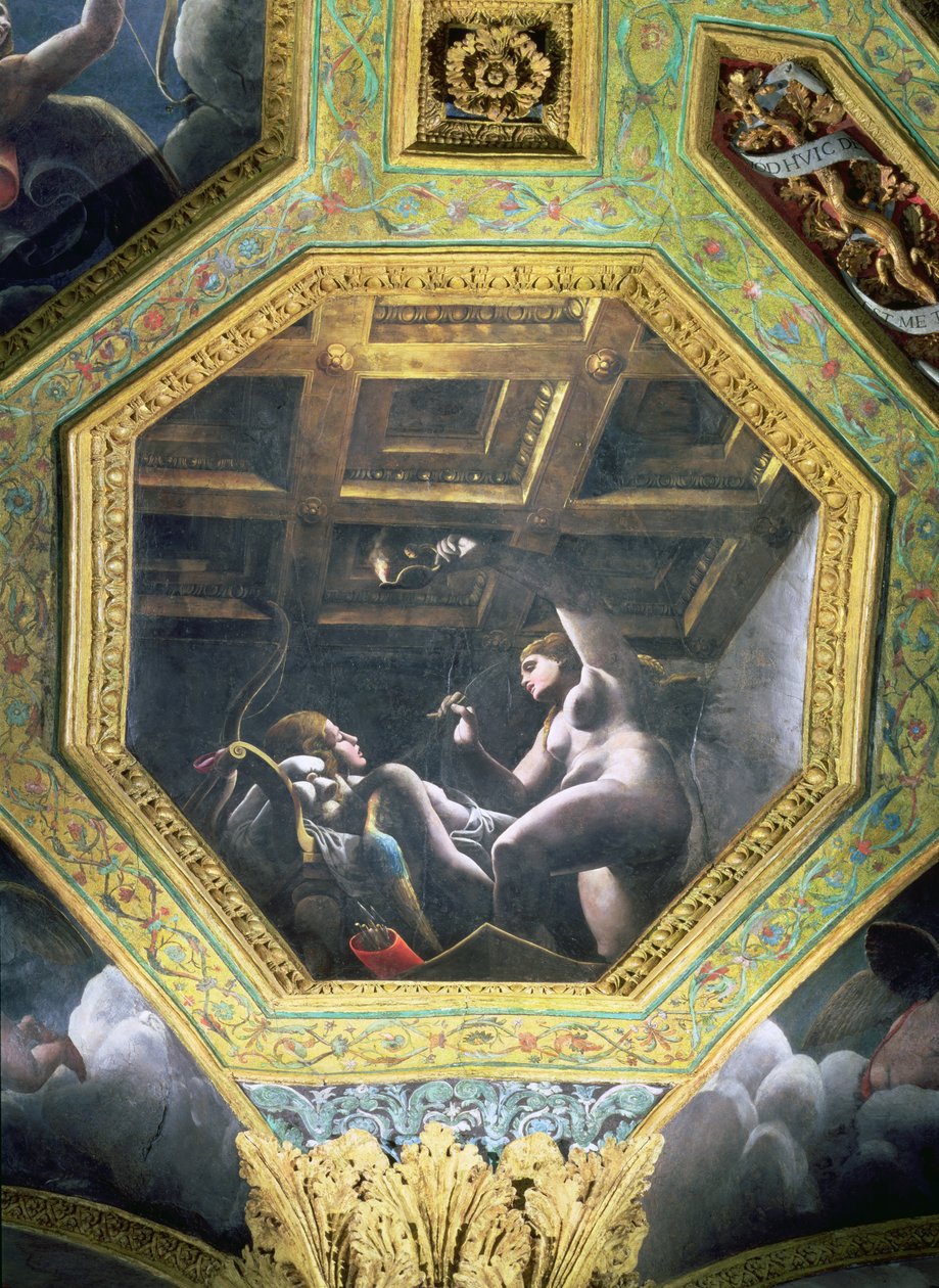 Psyche在他睡觉的时候看到了丘比特，1528年爱情和灵魂大厅的天花板沉箱（灰泥上的油） 作者 朱利奥·罗马诺