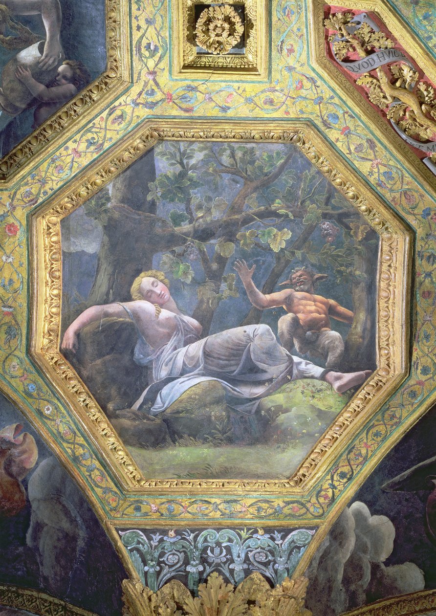 灵魂睡在丘比特山谷，天花板沉箱从Sala di Amore e Psiche，1528年（灰泥上油） 作者 朱利奥·罗马诺