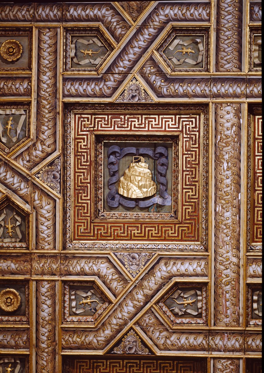 Sala dei Cavalli，天花板的视图，雕刻有奥林匹斯山的Gonzaga印记，蜥蜴和装饰的玫瑰花饰，由错视画曲线模式，1528（凹版和壁画） 作者 朱利奥·罗马诺