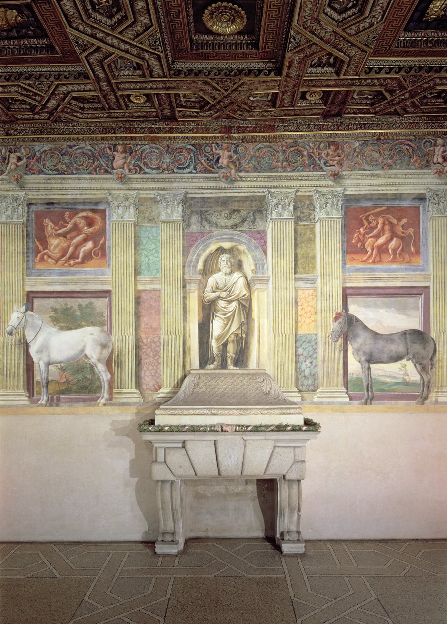 Sala dei Cavalli与两匹马的trompe l&39;Oeil肖像，神木星和赫拉克勒斯劳工的仿铜板都设置在建筑框架中，南墙，1528 作者 朱利奥·罗马诺
