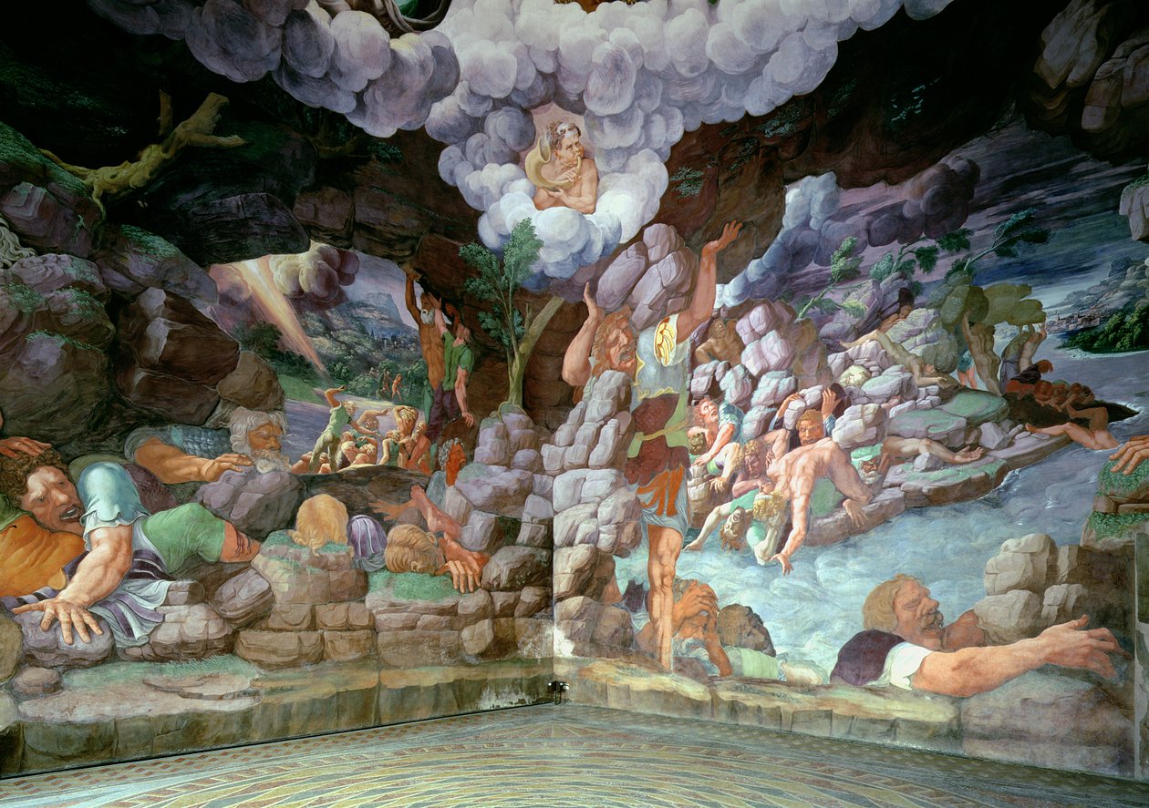 Sala dei Giganti，两面墙的视图显示木星的霹雳，1536年对叛逆巨人的破坏（详见78483-86） 作者 朱利奥·罗马诺