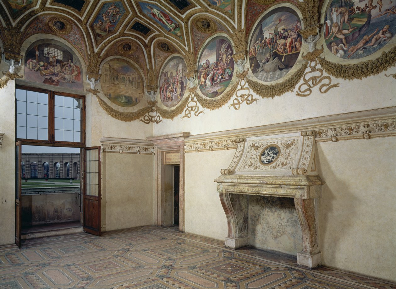 相机dei Venti的视图，显示上面的灰泥壁炉和带有黄道十二宫的楣，1528 作者 朱利奥·罗马诺