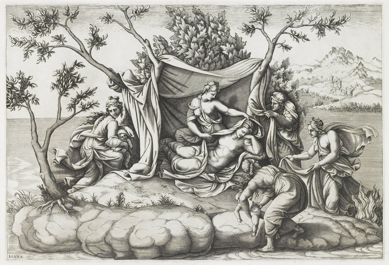 拉托纳（Latona）生下阿波罗（Apollo）和戴安娜（Diana），由戴安娜·曼托瓦（Diana Mantovana）（b.1535年）刻制，于1575年（刻） 作者 朱利奥（之后）罗曼诺