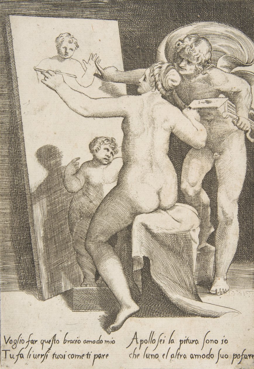阿波罗站在一个女人旁边，代表了一个绘画的寓言，来自《爱......》，1531-60。 作者 朱利奥·博纳松