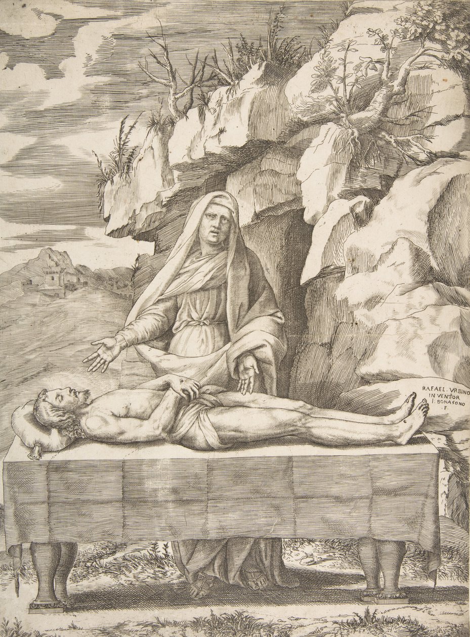 皮耶塔，基督在风景中的桌子上伸展，圣母站在手臂后面......，1531-76。 作者 朱利奥·博纳松