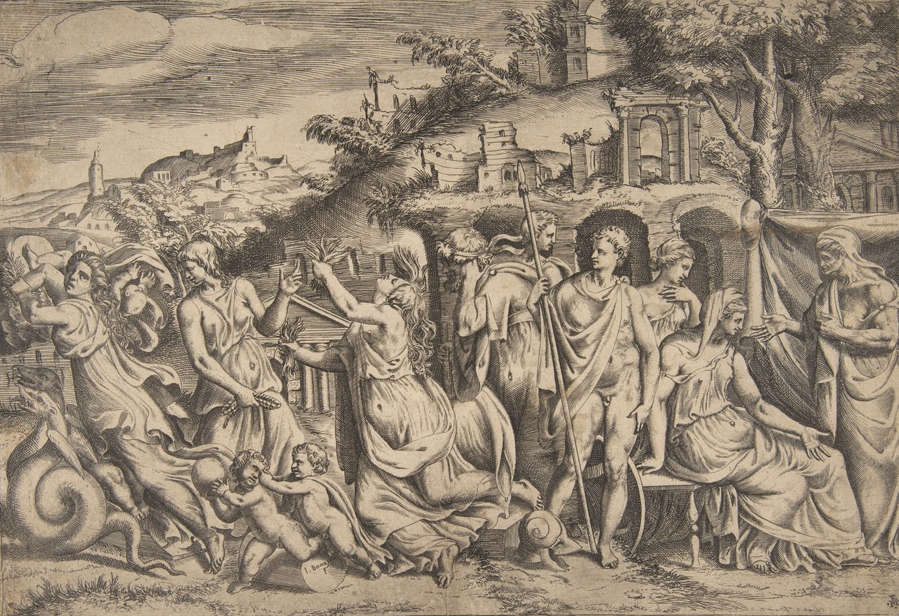 杰森和美狄亚的故事在左边她带走了她的儿子，在中间她是......，1531-76。 作者 朱利奥·博纳松