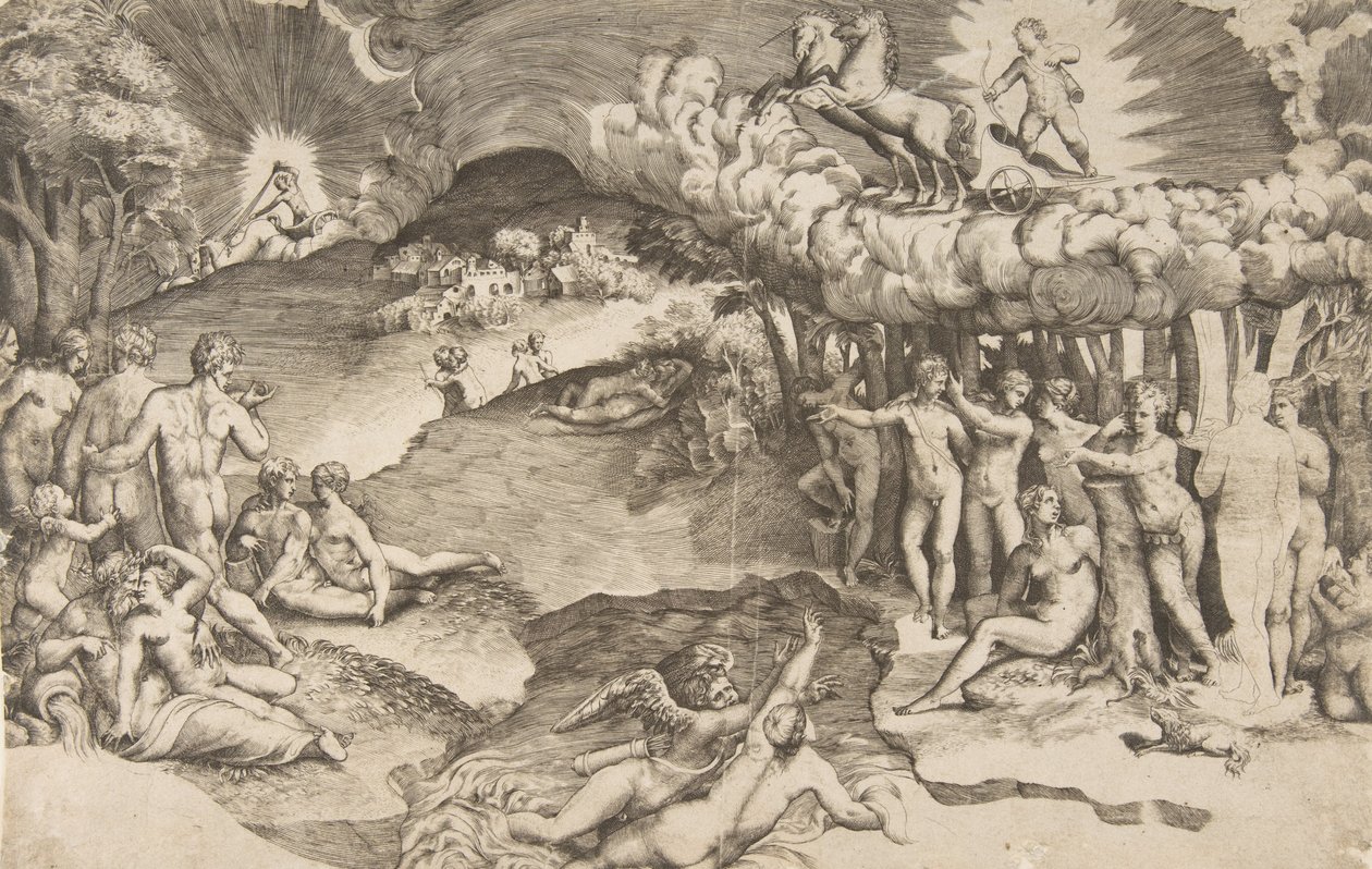 爱情的胜利，丘比特骑着独角兽拉的战车在右上方，赤身裸体...，1545年。 作者 朱利奥·博纳松