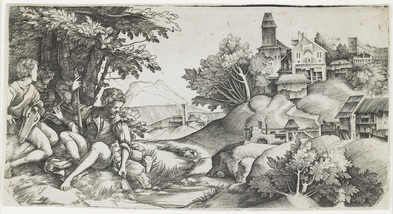牧羊人在风景中，c。 1517年至1518年 作者 朱利奥·坎帕尼奥拉（Giulio Campagnola）