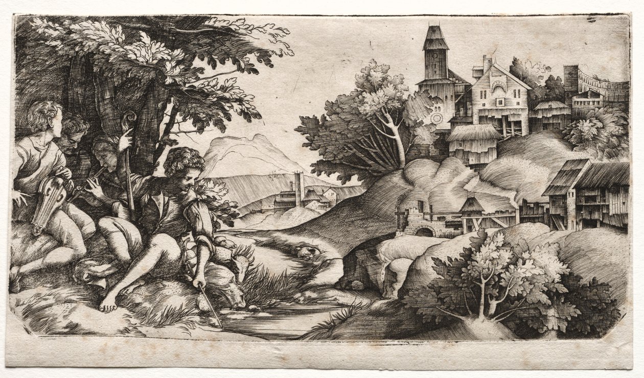 牧羊人在风景中c。 1517。 作者 朱利奥·坎帕尼奥拉（Giulio Campagnola）