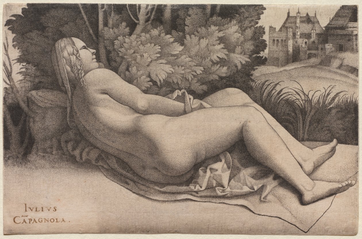 金星斜倚在风景中，c。 1508-9。 作者 朱利奥·坎帕尼奥拉（Giulio Campagnola）