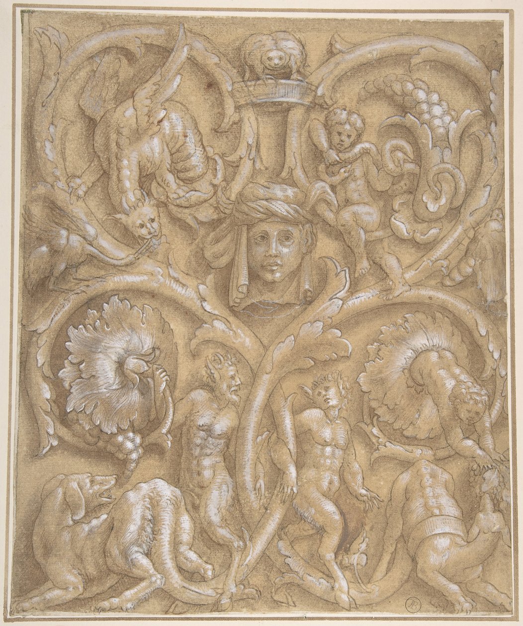 饰面板的设计，其中有Rinceaux, Satyrs, Putti, Monsters和一个人头，1535-45。 作者 朱利奥·坎皮。
