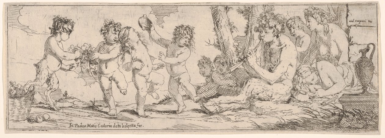 Bacchanal，萨提尔弹着琵琶，周围有四个人物，他们看向一个S...，1640-60。 作者 朱利奥·卡尔皮奥尼