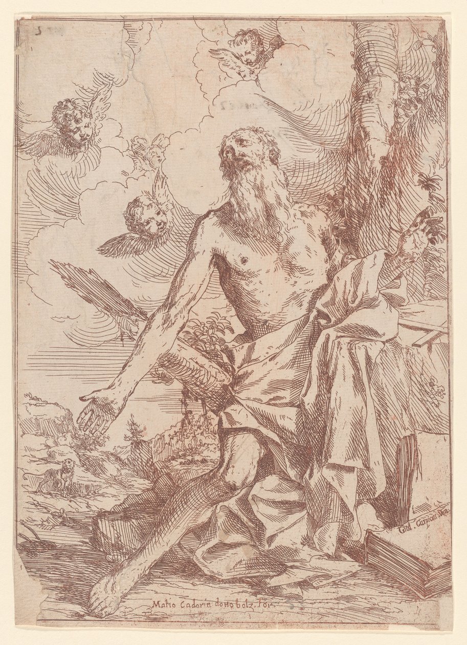 跪在树旁的圣杰罗姆伸出双臂，1640-60。 作者 朱利奥·卡尔皮奥尼