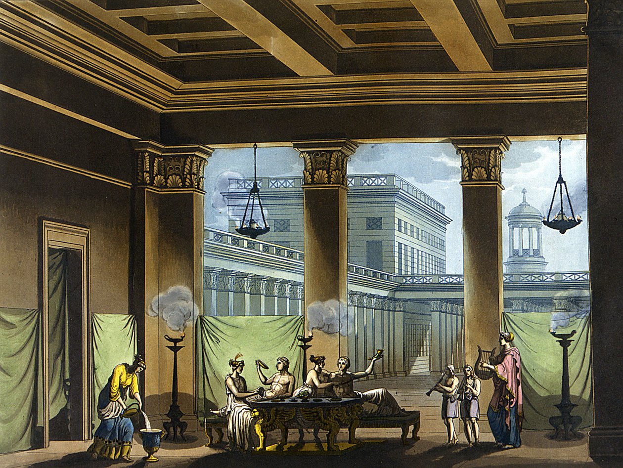 古希腊用油灯点亮的 Triclinium：宴会场景 - 朱尔斯·费拉里奥 (Jules Ferrario) 编的《古老与现代的服装》。 米兰 作者 朱利奥·费拉里奥