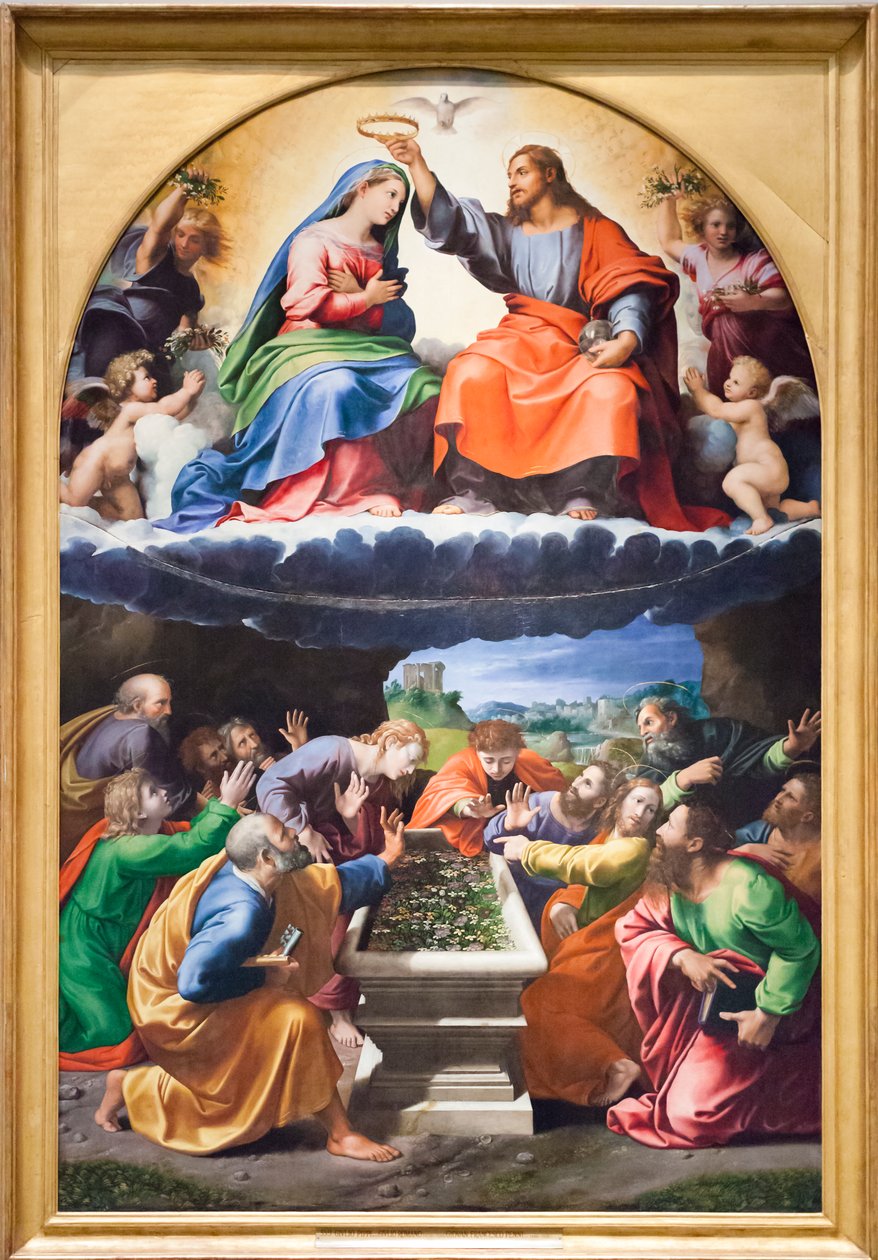 圣母加冕，或蒙特鲁斯圣母，c.1525（木板油画） 作者 Giulio & Penni Giovanni Francesco (il Fattore) (c.1488 1528) 罗马诺