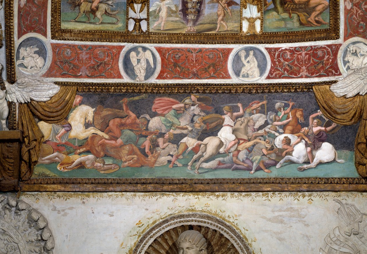 相机delle Aquile，描绘希腊人和亚马逊人之间战斗的楣的细节，1528壁画 作者 朱利奥·罗马诺