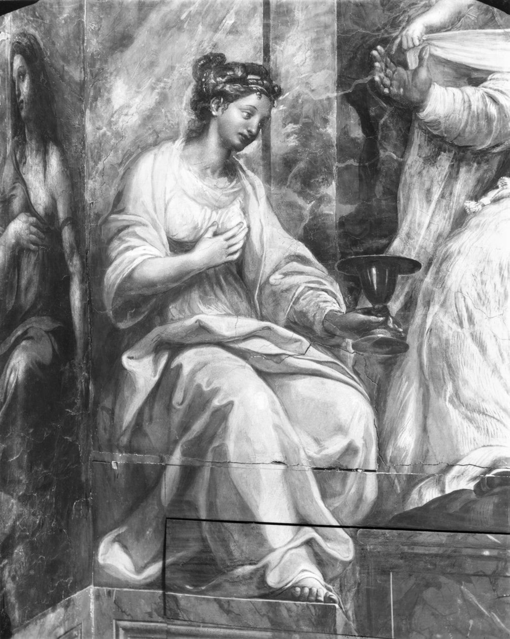 信仰，围绕教皇西尔维斯特一世（314-35）Raphael Rooms（详情）的两个寓言人物中的一个（另见252792和252794） 作者 朱利奥·罗马诺