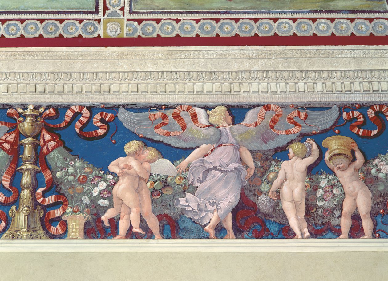 来自相机的弗里兹con Fregio di Amorini丘比特弗里兹室摔跤丘比特的细节，1520年代壁画 作者 朱利奥·罗马诺