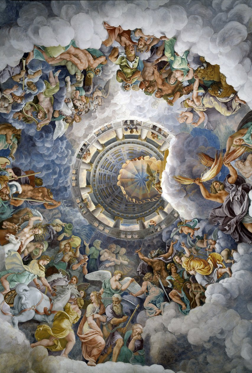 曼图亚巨人厅（Palazzo del Te，曼托瓦）天花板全景：奥林匹斯众神。Giulio Pippi de