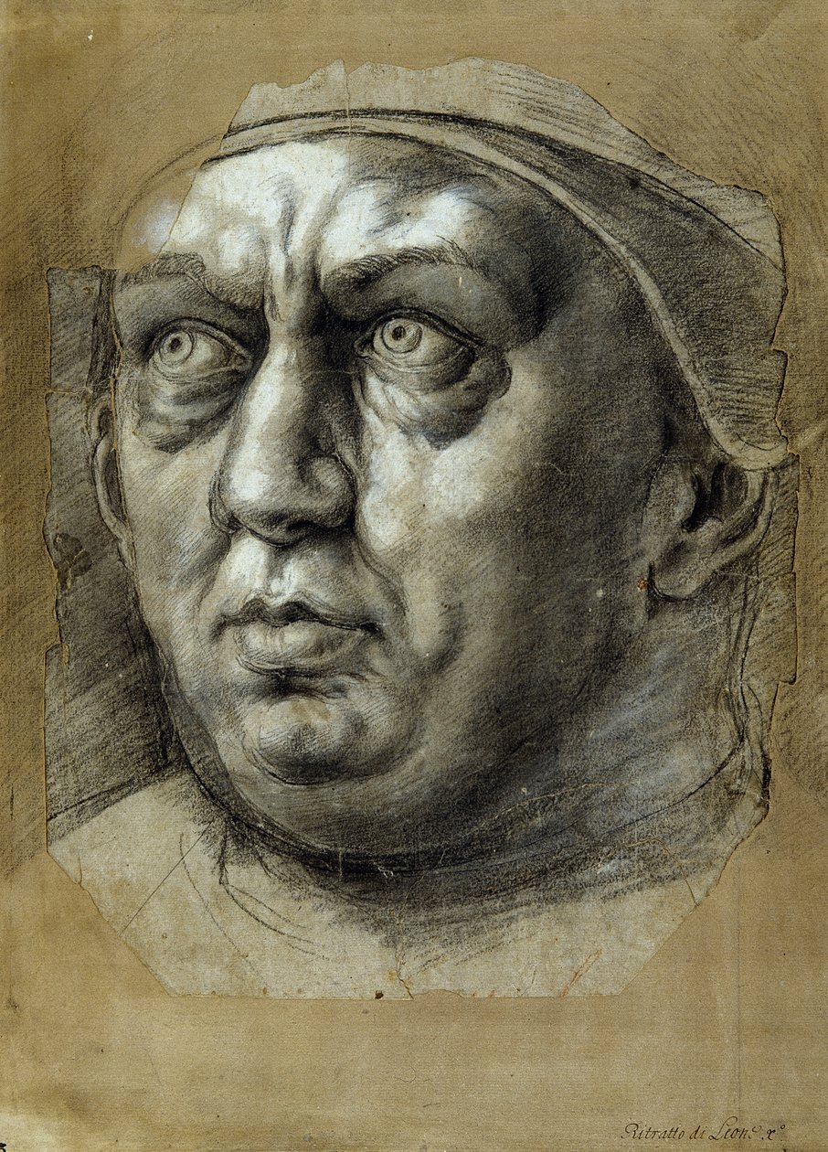 Head of Pope Leo X (black and white chalks on paper) 作者 朱利奥·罗马诺