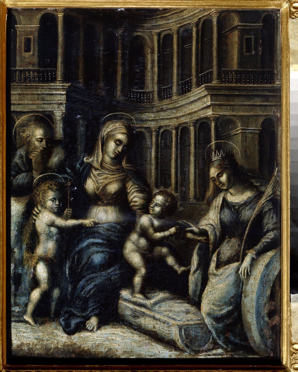 "La sainte famille avec sainte Catherine" Peinture de Giulio Pippi de