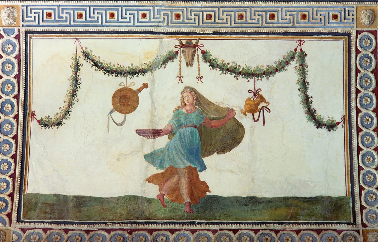 相机con Fregio di Amorini室内丘比特弗里兹天花板细节描绘一个女人拿着一个碗，1520年代壁画 作者 朱利奥·罗马诺