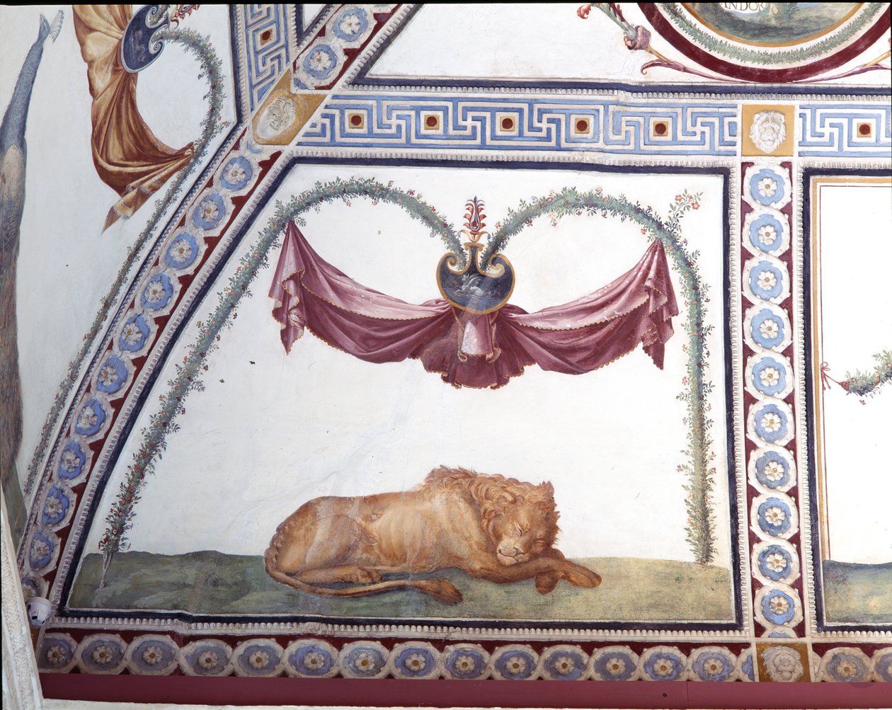 照相机con fregio di Amorini室内丘比特Frieze细节的睡狮，1520年代壁画 作者 朱利奥·罗马诺