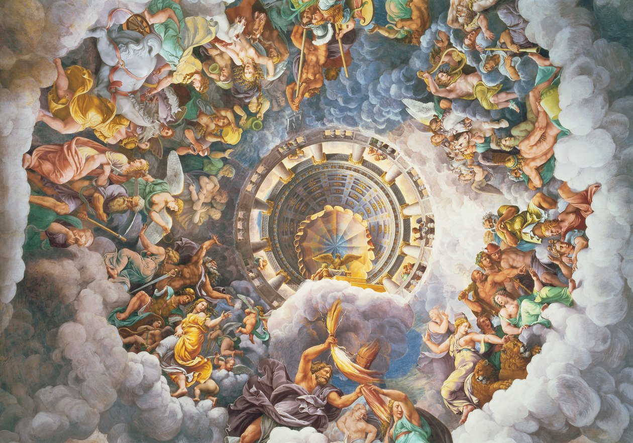 奥林匹斯众神，1528年来自Sala dei Giganti的错视天花板 作者 朱利奥·罗马诺