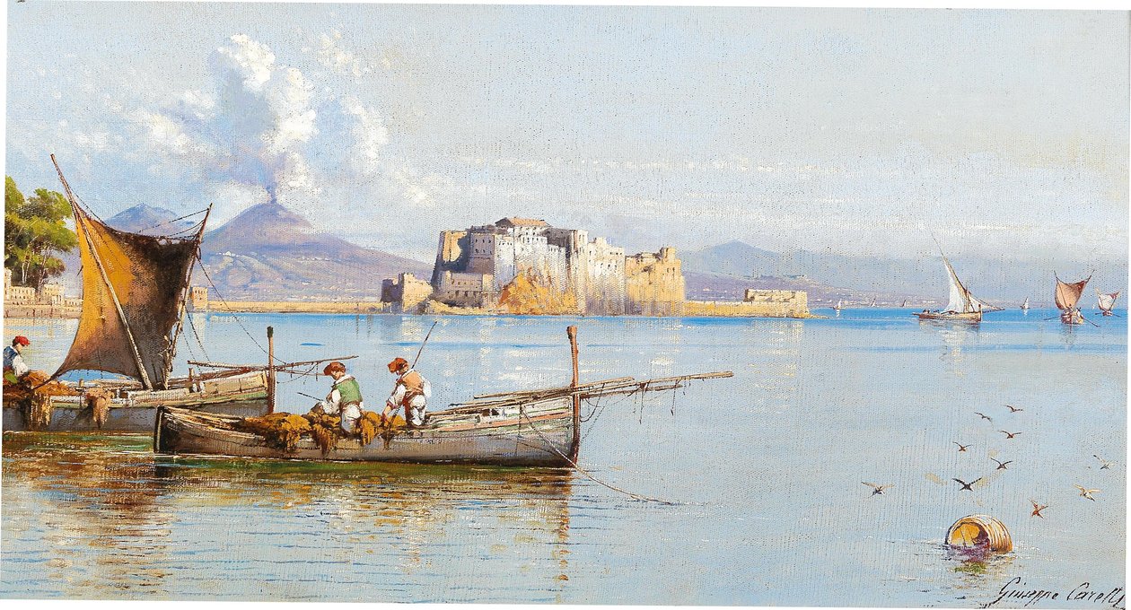 那不勒斯海湾的渔夫，维苏威在背景中 作者 朱塞佩·卡雷利（Giuseppe Carelli）