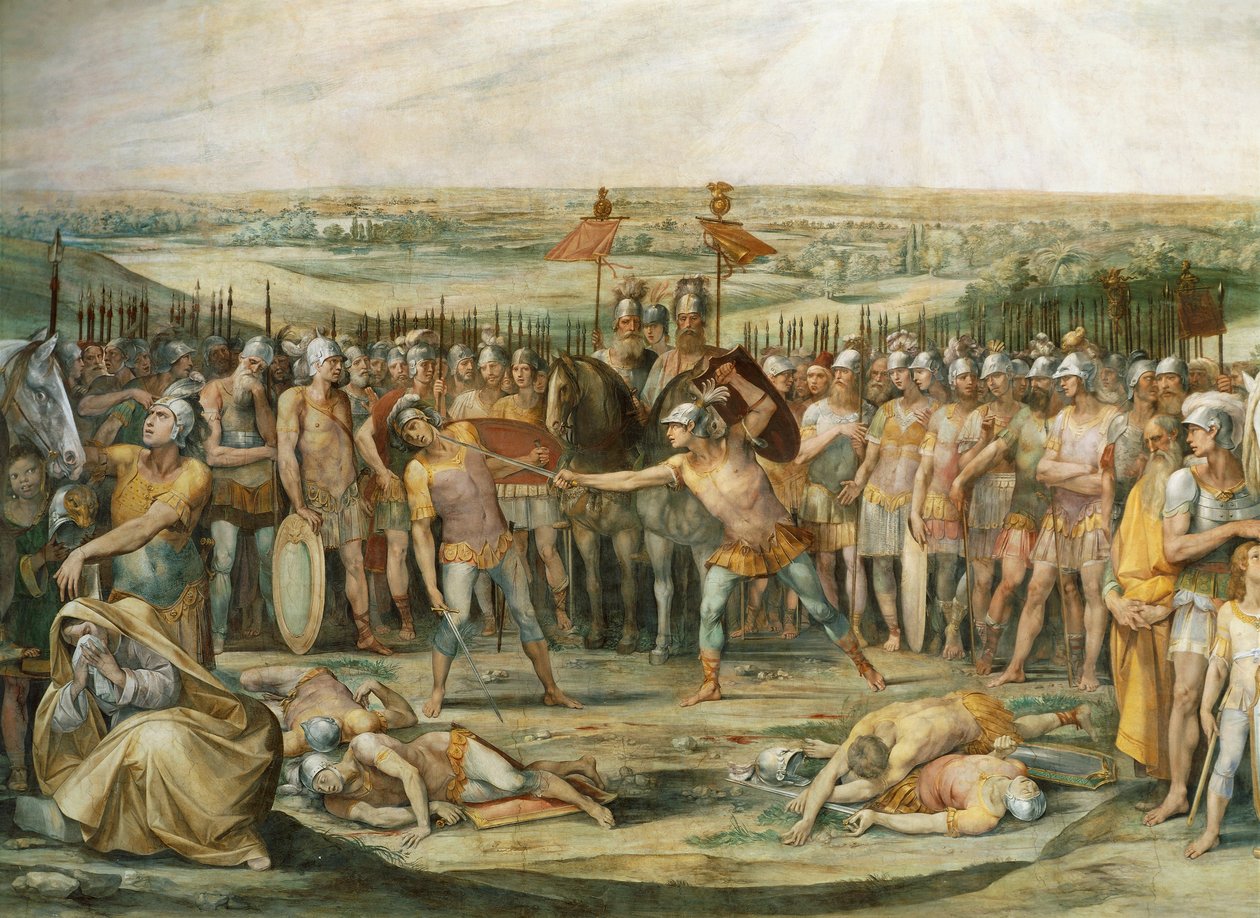 霍拉蒂家族和库里亚蒂家族之间的战斗，作者：朱塞佩·切萨里（Giuseppe Cesari，1568-1640 年），壁画，霍拉蒂家族和库里亚蒂家族大厅，罗马宫廷音乐学院。 罗马帝国，意大利，公元前七世纪。 作者 朱塞佩·切萨里