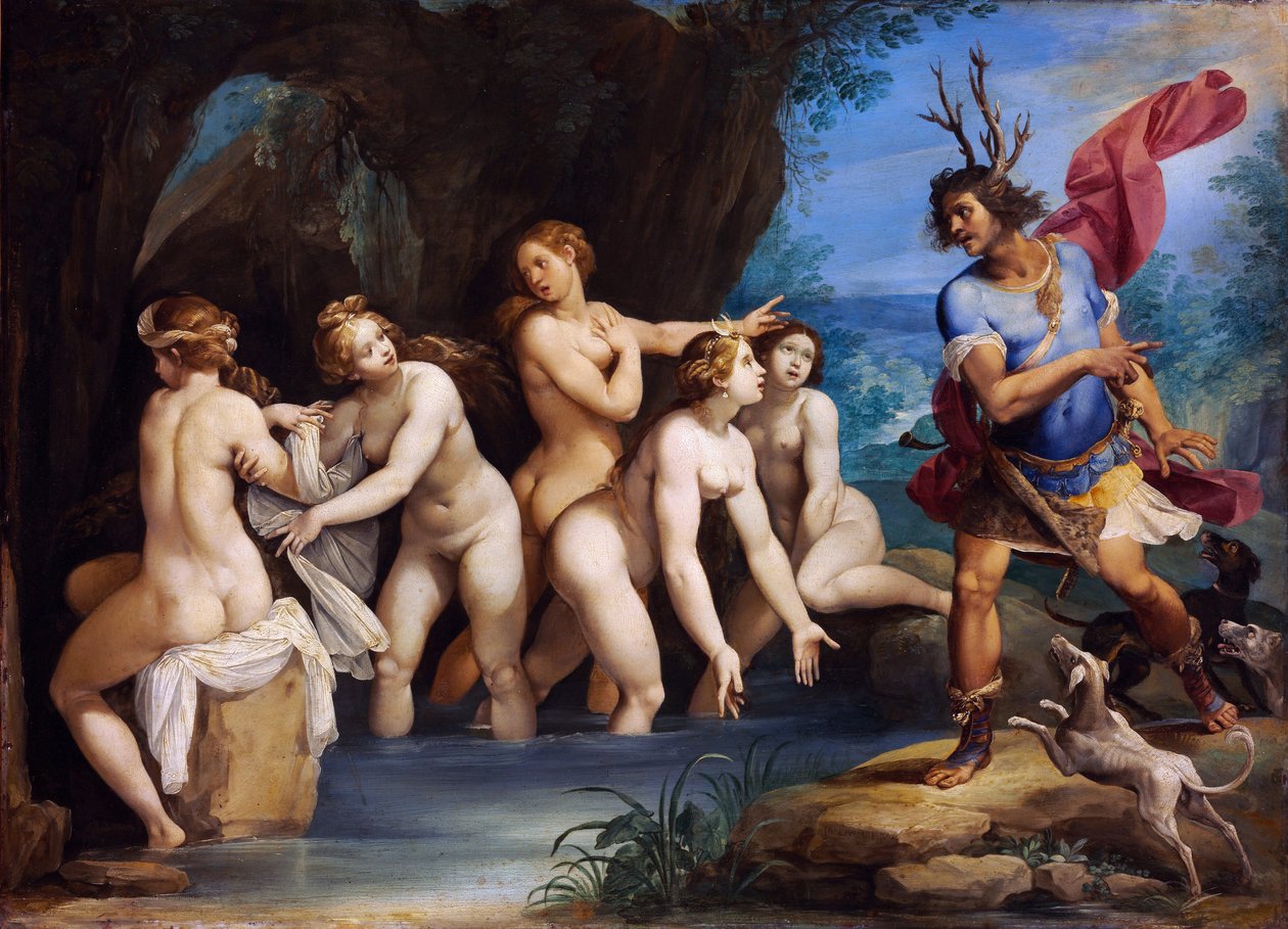 戴安娜和阿克泰翁 - 朱塞佩·切萨里 (Giuseppe Cesari) 绘画（1568-1640），铜上油画，约 1604 年，50x69 厘米 - 戴安娜和阿克泰翁，朱塞佩·切萨里 (Giuseppe Cesari) 铜上油画 - Szepmuveszeti Muzeum，布达佩斯 作者 朱塞佩·切萨里
