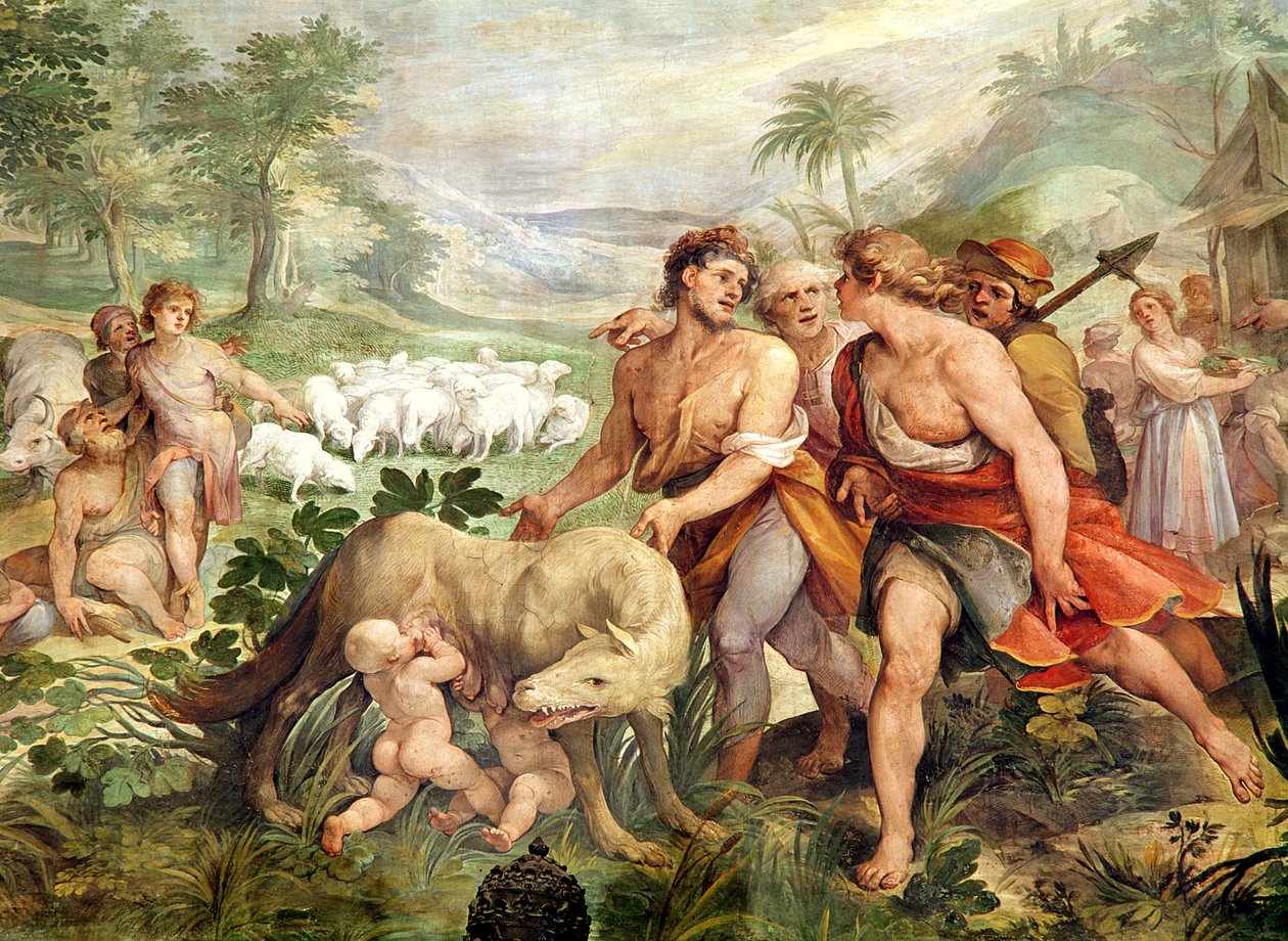 罗慕路斯被母狼哺乳，来自 Sala dei Horatii e Curacii（壁画） 作者 朱塞佩·切萨里