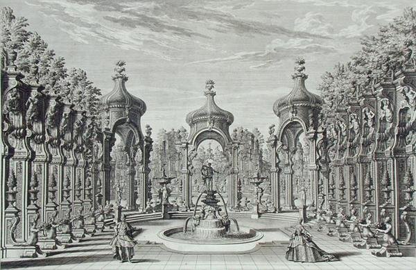 花园中的娱乐设计，出自《Architectus Theatralis Primarius》，由Johann Andreas Pfeffel（1674-1748）雕刻，1740年出版（雕刻版）。 作者 朱塞佩·比比耶纳（Giuseppe Bibiena）