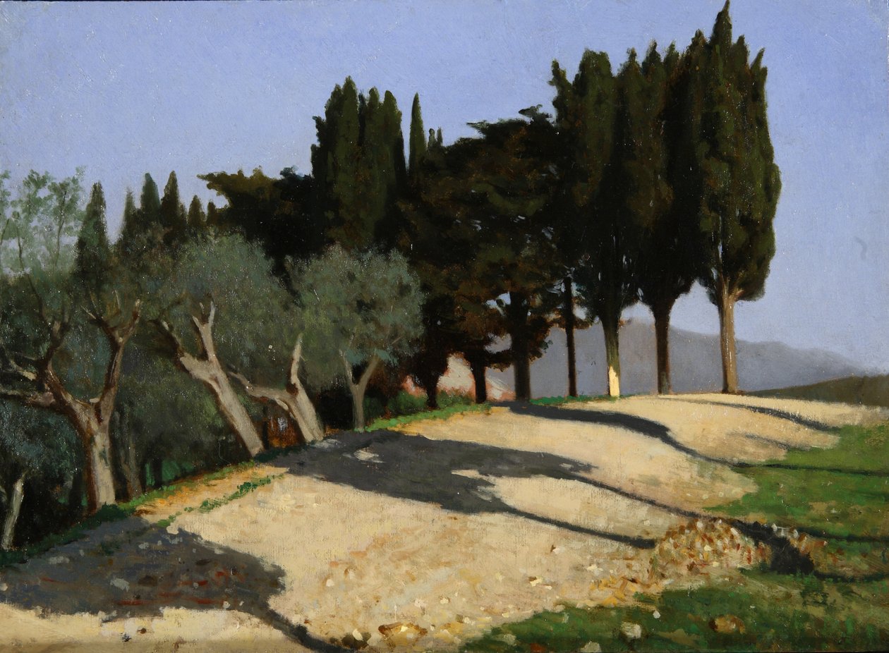 有柏树的乡村道路，1862年。 作者 朱塞佩·阿巴蒂（Giuseppe Abbati）