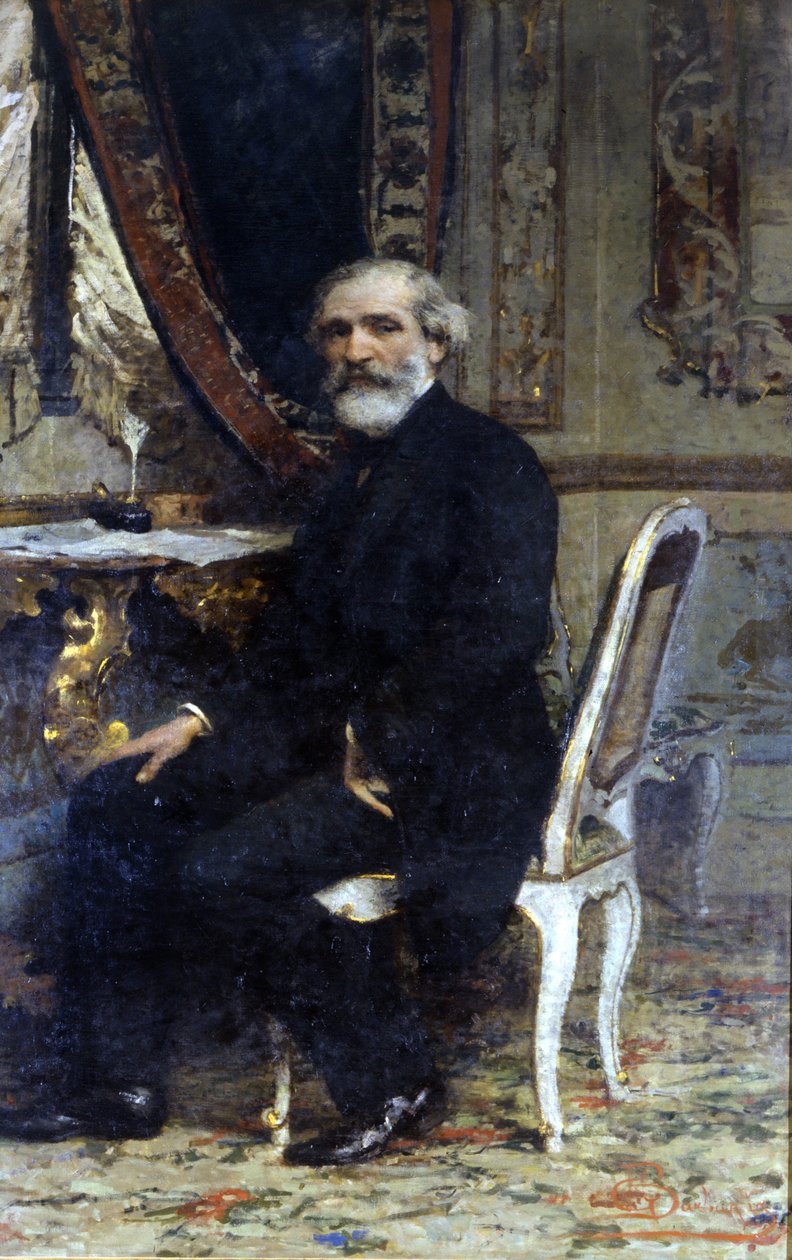意大利作曲家朱塞佩·威尔第（Giuseppe Verdi，1813-1901）的肖像。 巴尔巴利亚绘画。 米兰大酒店 作者 朱塞佩·巴巴利亚