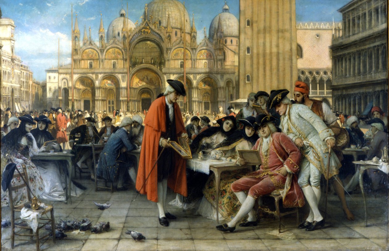画家弗朗切斯科·瓜迪 (Francesco Guardi) 在 Florian 咖啡馆前出售他的画作。 1892. 朱塞佩·贝尔蒂尼 (Giuseppe Bertini) 的绘画。 Galleria d