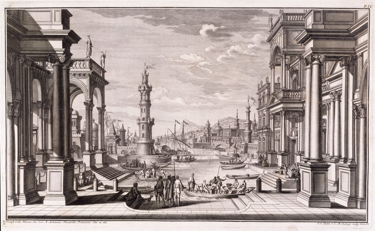 小型港口，巴洛克风格的柱子，来自&39;Architectus Theatralis Primarius&39;，于1740年出版 作者 朱塞佩·比比耶纳（Giuseppe Bibiena）