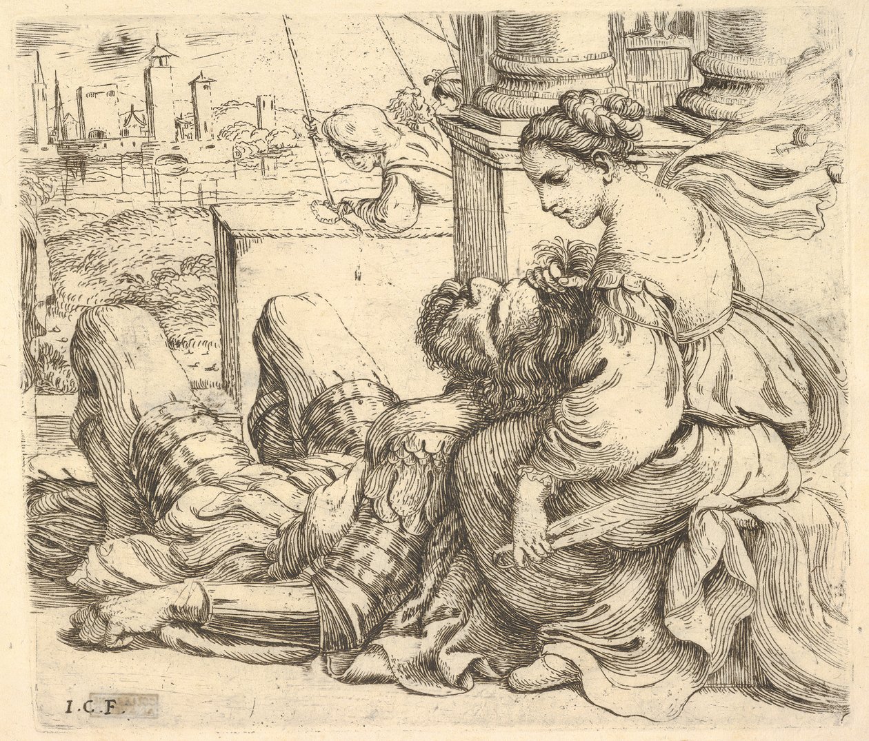 Delilah握着Samsons的头发和一把剪刀，1620-30。 作者 朱塞佩·卡莱蒂（Giuseppe Caletti）