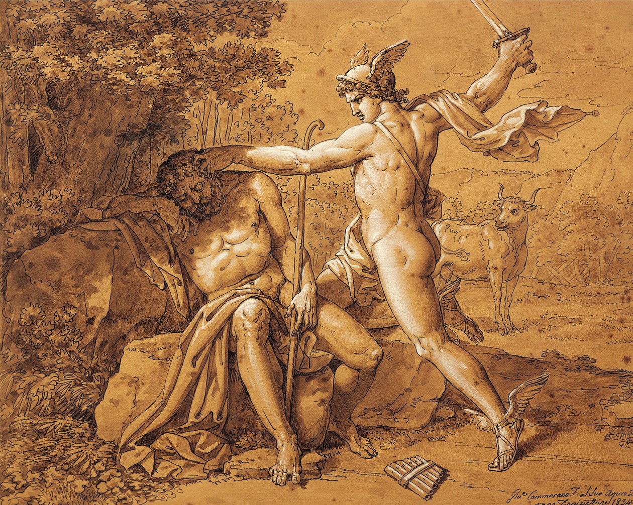 意大利，水星杀死阿古斯以拯救仙女，朱塞佩·卡马拉诺（Giuseppe Cammarano，1766-1859 年）由艺术家送给加埃塔诺·多尼采蒂（Gaetano Donizetti）的绘画 作者 朱塞佩·坎马拉诺
