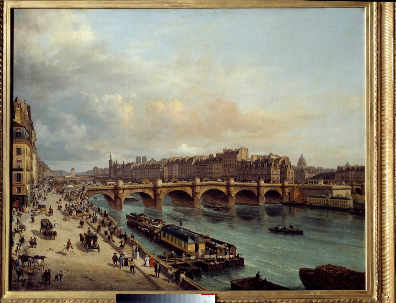 La cite et le Pont Neuf 从 Quai du Louvre 看到在前景中，洗船 (boat-wash) 和塞纳河畔的伟大活动。 Canella Giuseppe Canella l