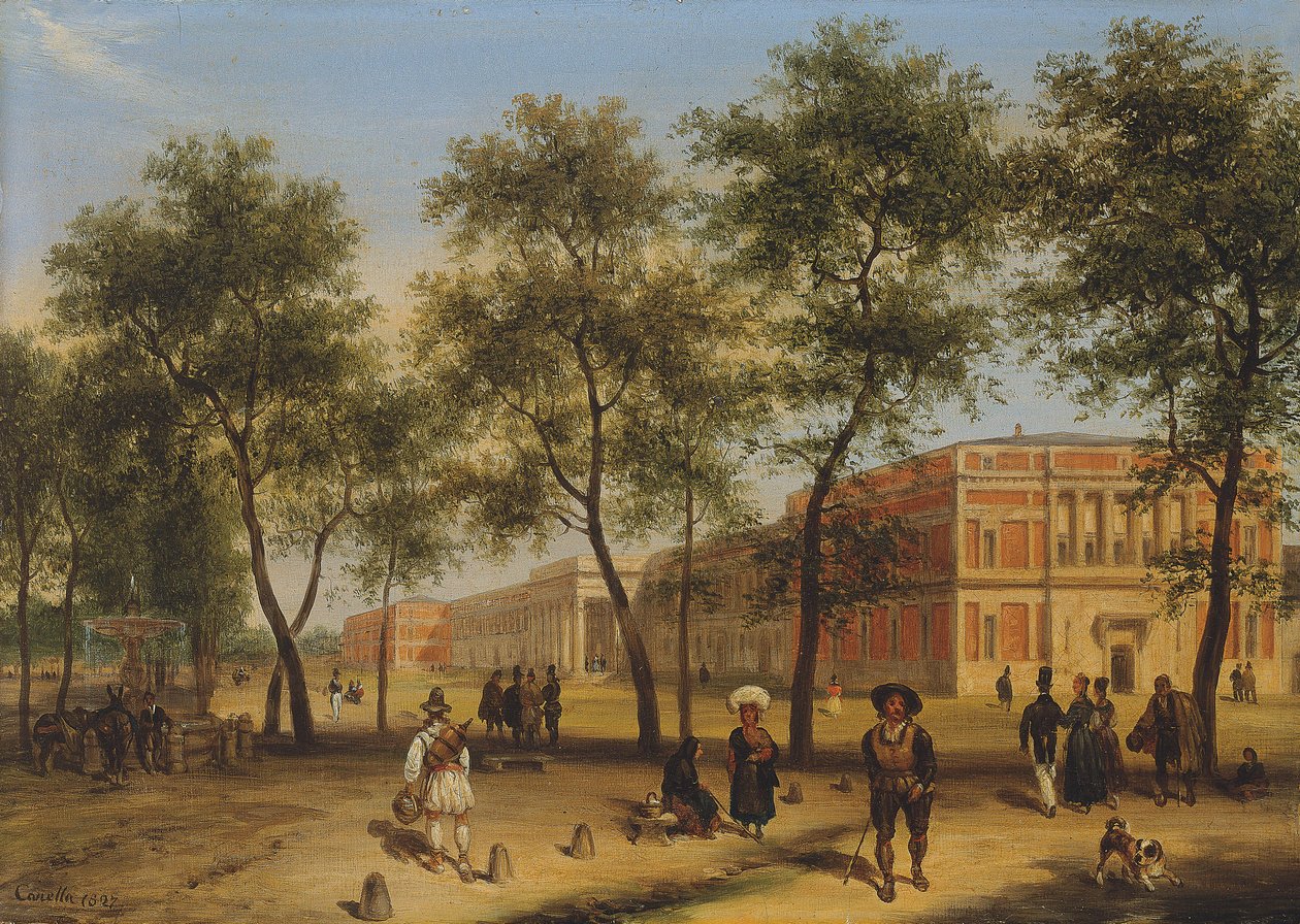 普拉多大道（Paseo del Prado）与普拉多博物馆（Prado Museum）的推测视图，马德里，1827年 作者 朱塞佩·卡内拉（Giuseppe Canella）
