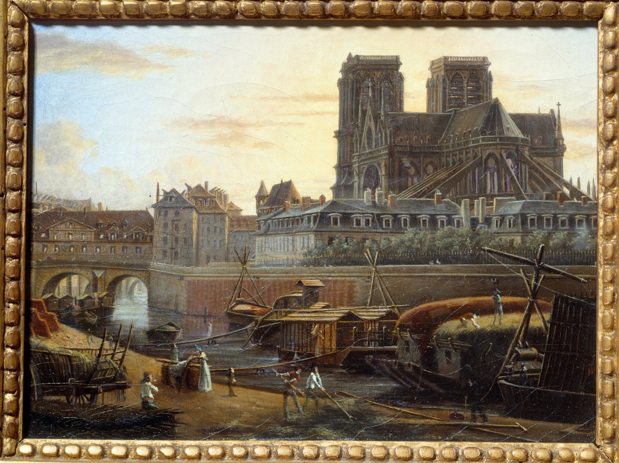 从巴黎的 Quai de la Tournelle 看到的圣查尔斯桥、Hotel dieu、archeveche 和 Notre Dame。 Giuseppe Canella (1788-1847) EC.ITAL 的绘画。 作者 朱塞佩·卡内拉（Giuseppe Canella）