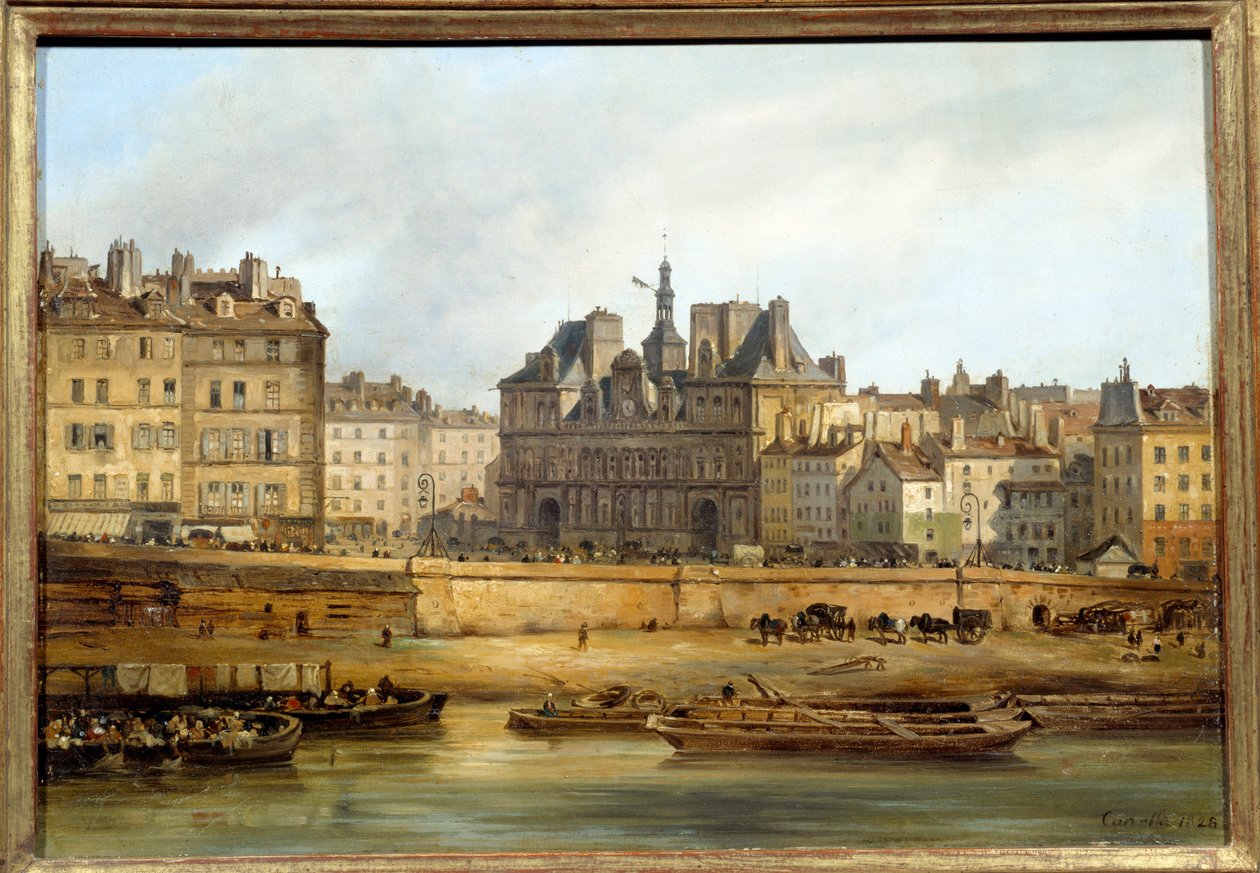 从巴黎的 Ile de la Cite 看到的市政厅和 de Greve 广场。 Giuseppe Canella (1788-1847) EC.ITAL 的绘画。 作者 朱塞佩·卡内拉（Giuseppe Canella）