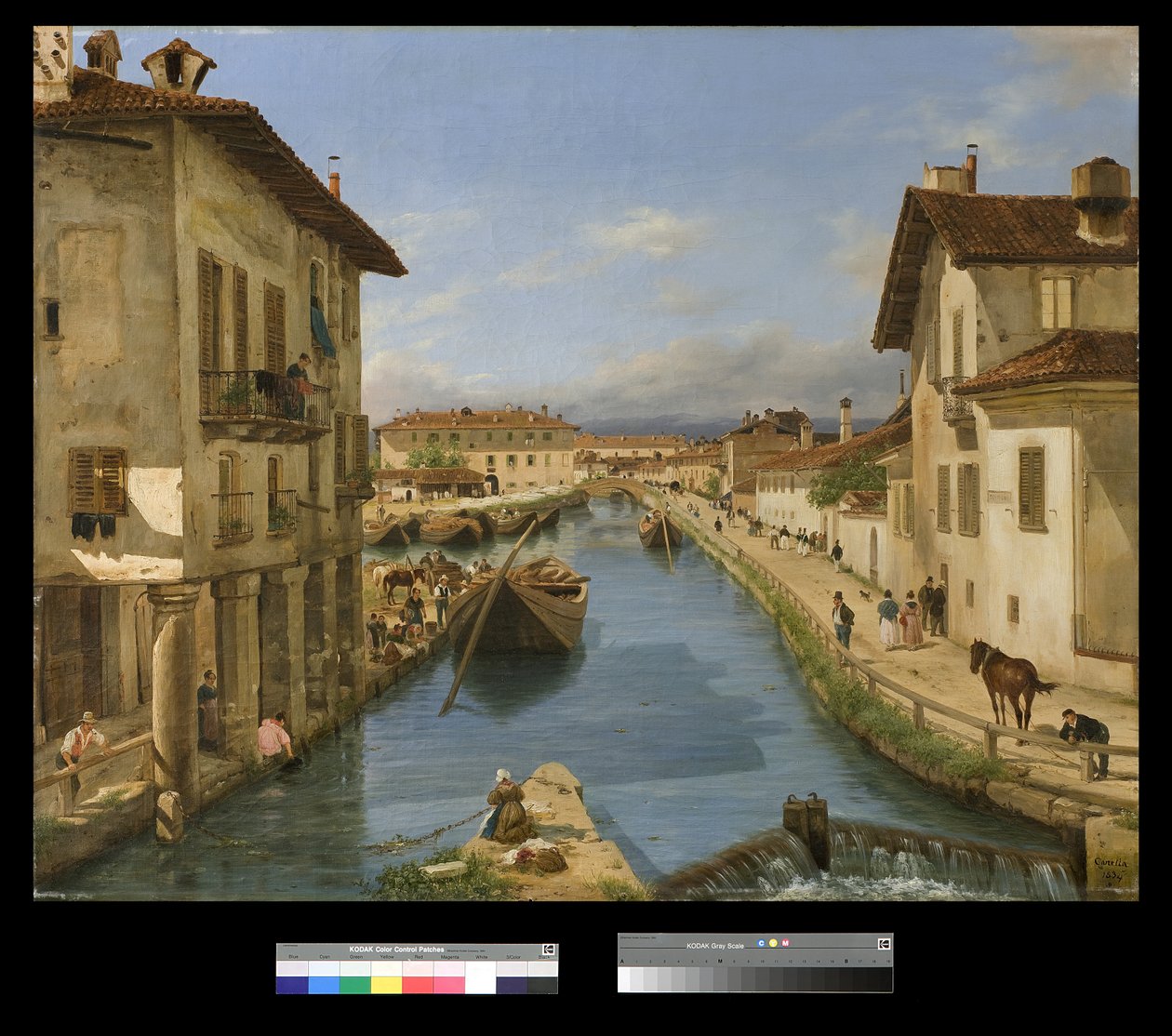 Naviglio运河看法从圣Marco桥梁的在米兰，1834年 作者 朱塞佩·卡内拉（Giuseppe Canella）