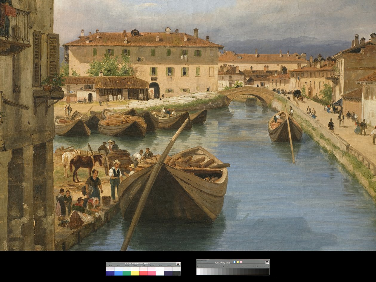 Naviglio运河看法从圣Marco桥梁的在米兰，1834年 作者 朱塞佩·卡内拉（Giuseppe Canella）