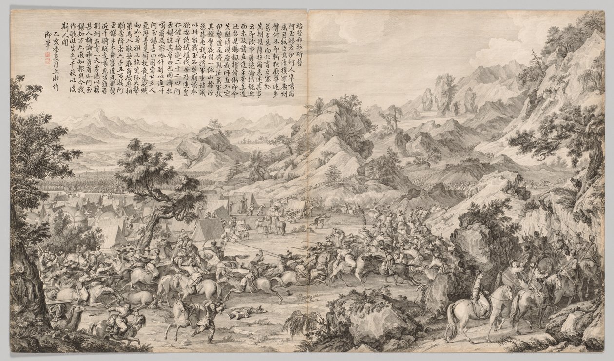 攻击加坦·奥拉（Gatan Ola）的营地：摘自叛乱镇压的战斗场景...，c。 1765-1774年。 作者 郎世宁