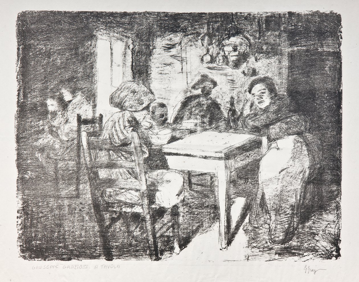在餐桌前，约 1907 年（石版画） 作者 朱塞佩·格拉齐奥西